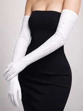 White Crystal 22" Long Satin Opera Gloves Formal Evening Wear Fashion Accessory
